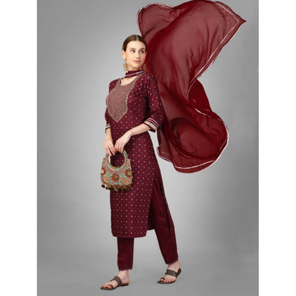 Generic Women's Casual 3-4 th Sleeve Embroidery Silk Blend Kurti Pant Dupatta Set (Maroon)