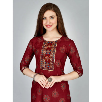 Generic Women's Casual 3-4 th Sleeve Embroidery Rayon Kurti Pant Set (Maroon)