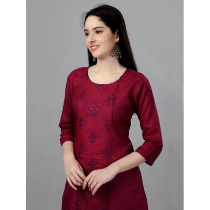 Generic Women's Casual 3-4 th Sleeve Embroidery Cotton Kurti (Maroon)