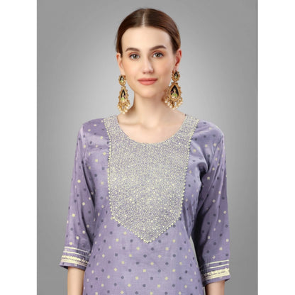 Generic Women's Casual 3-4 th Sleeve Embroidery Silk Blend Kurti Pant Dupatta Set (Lavender)