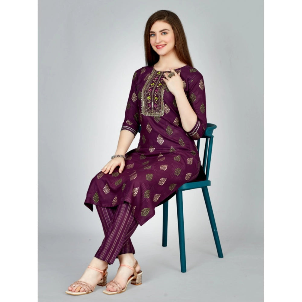 Generic Women's Casual 3-4 th Sleeve Embroidery Rayon Kurti Pant Set (Purple)