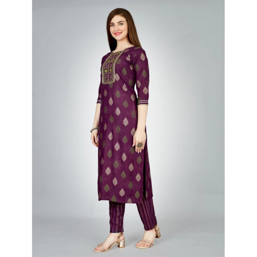 Generic Women's Casual 3-4 th Sleeve Embroidery Rayon Kurti Pant Set (Purple)