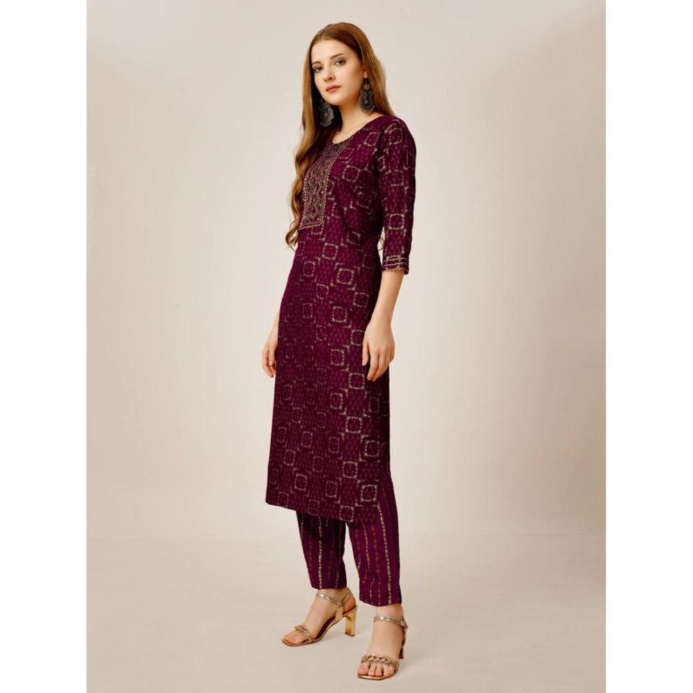 Generic Women's Casual 3-4 th Sleeve Embroidery Rayon Kurti Pant Set (Purple)