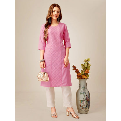 Generic Women's Casual 3-4 th Sleeve Embroidery Cotton Kurti Pant Set (Pink)