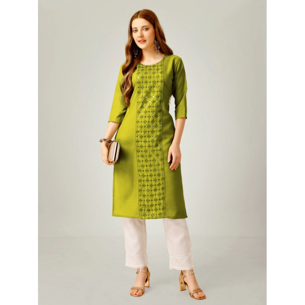 Generic Women's Casual 3-4 th Sleeve Embroidery Cotton Kurti Pant Set (Green)