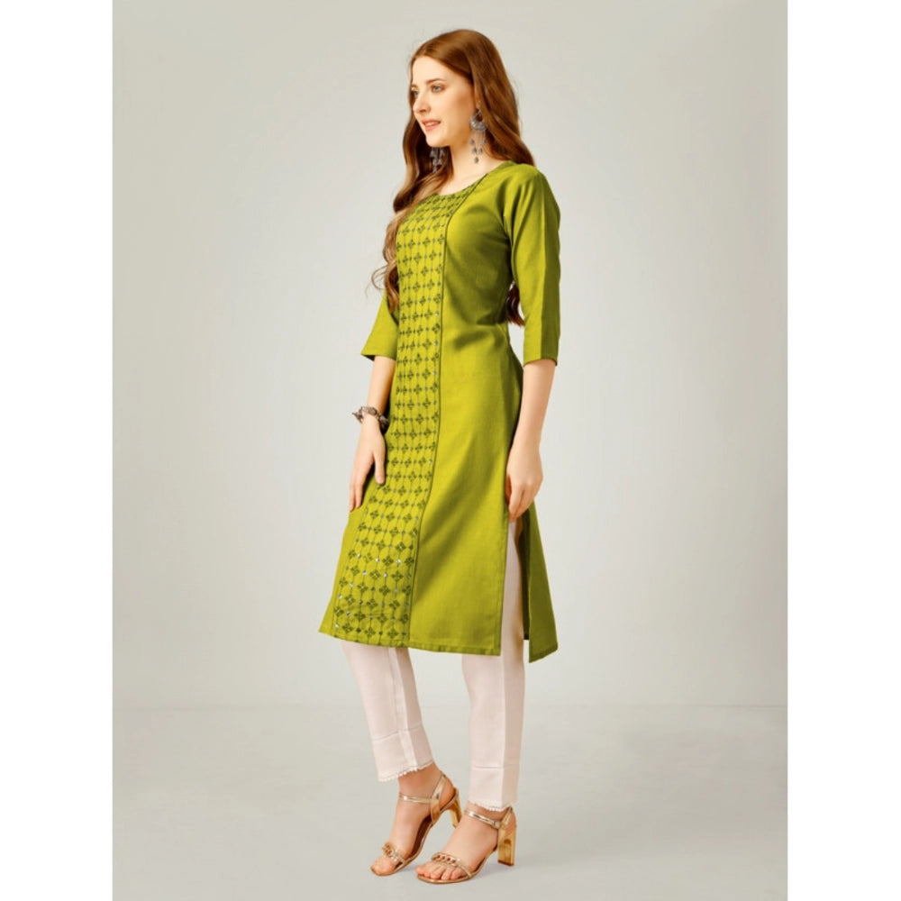 Generic Women's Casual 3-4 th Sleeve Embroidery Cotton Kurti Pant Set (Green)