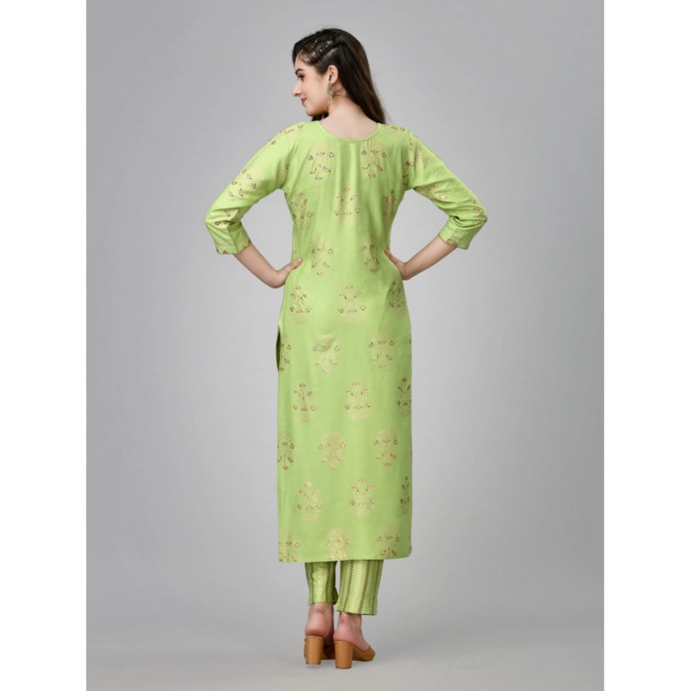 Generic Women's Casual 3-4 th Sleeve Embroidery Rayon Kurti Pant Set (Light Green)