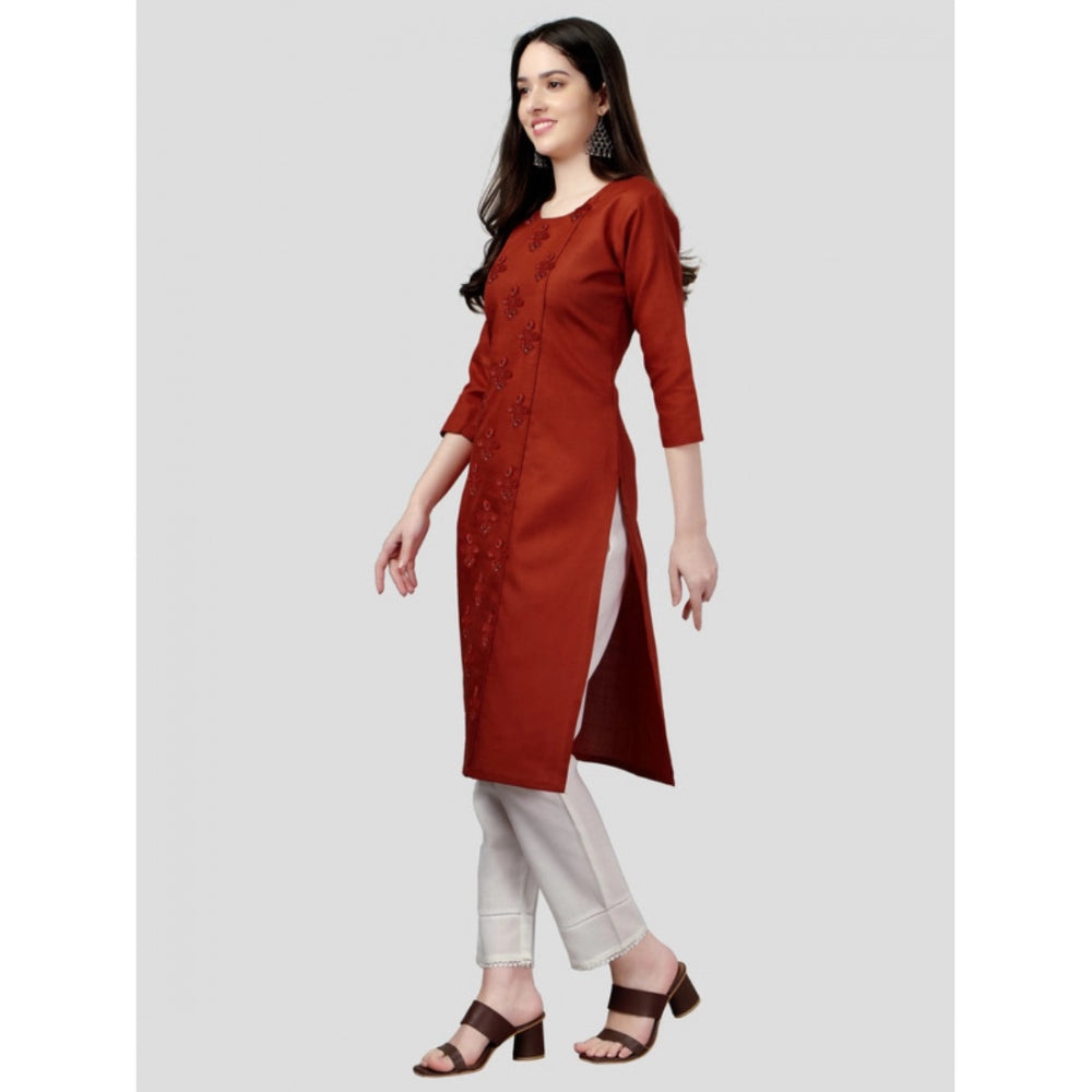 Generic Women's Casual 3-4 th Sleeve Embroidery Cotton Kurti (Rust)