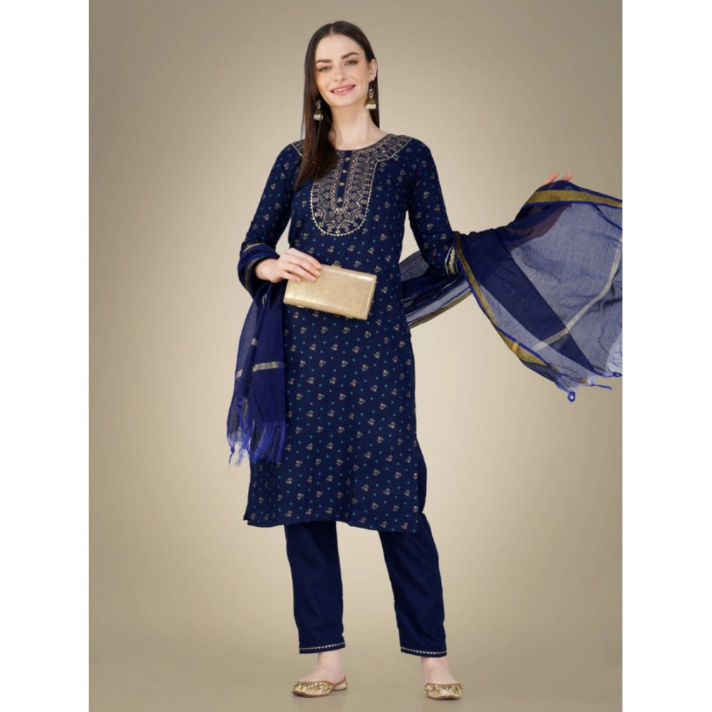 Generic Women's Casual 3-4 th Sleeve Embroidery Cotton Kurti Pant Dupatta Set (Dark Blue)