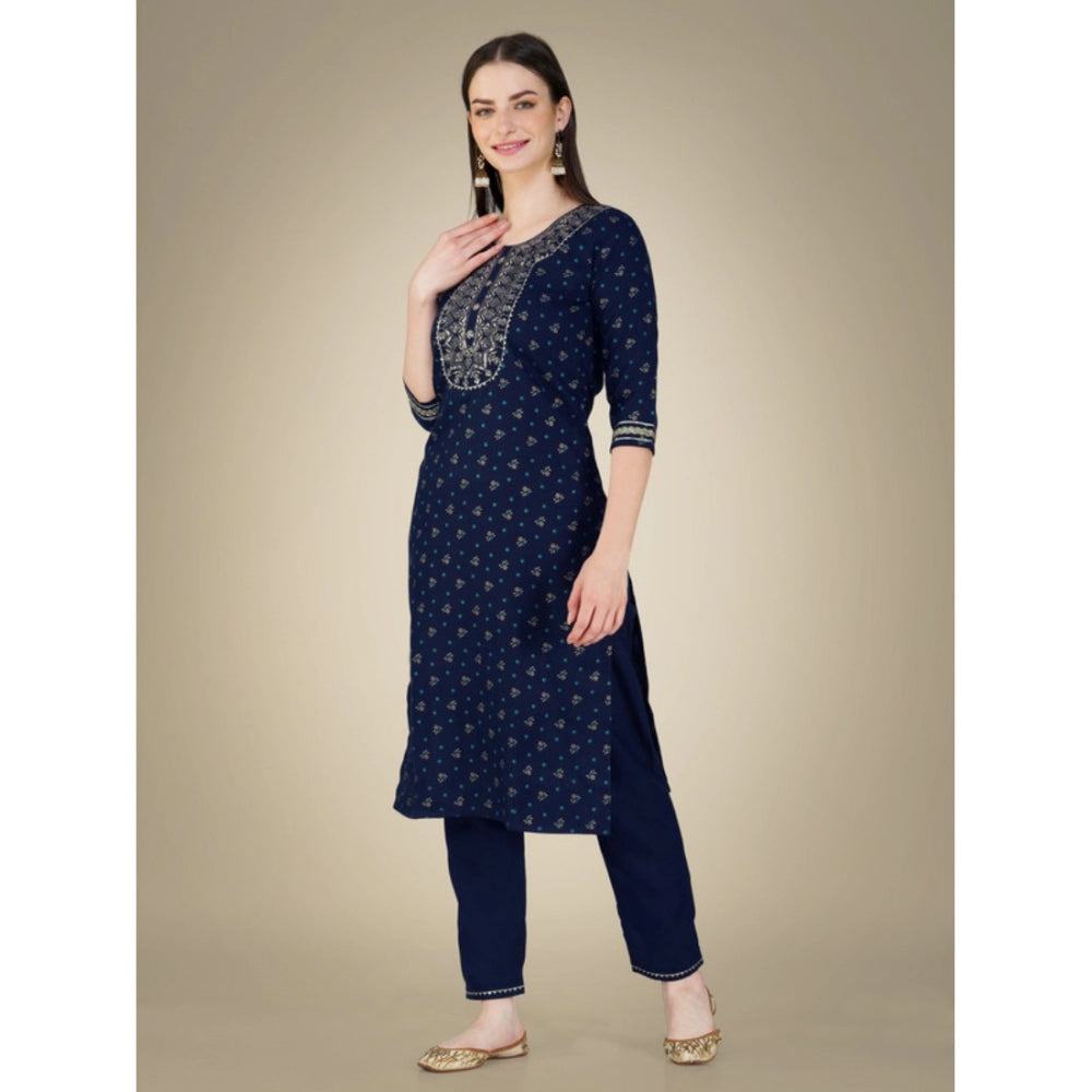 Generic Women's Casual 3-4 th Sleeve Embroidery Cotton Kurti Pant Dupatta Set (Dark Blue)