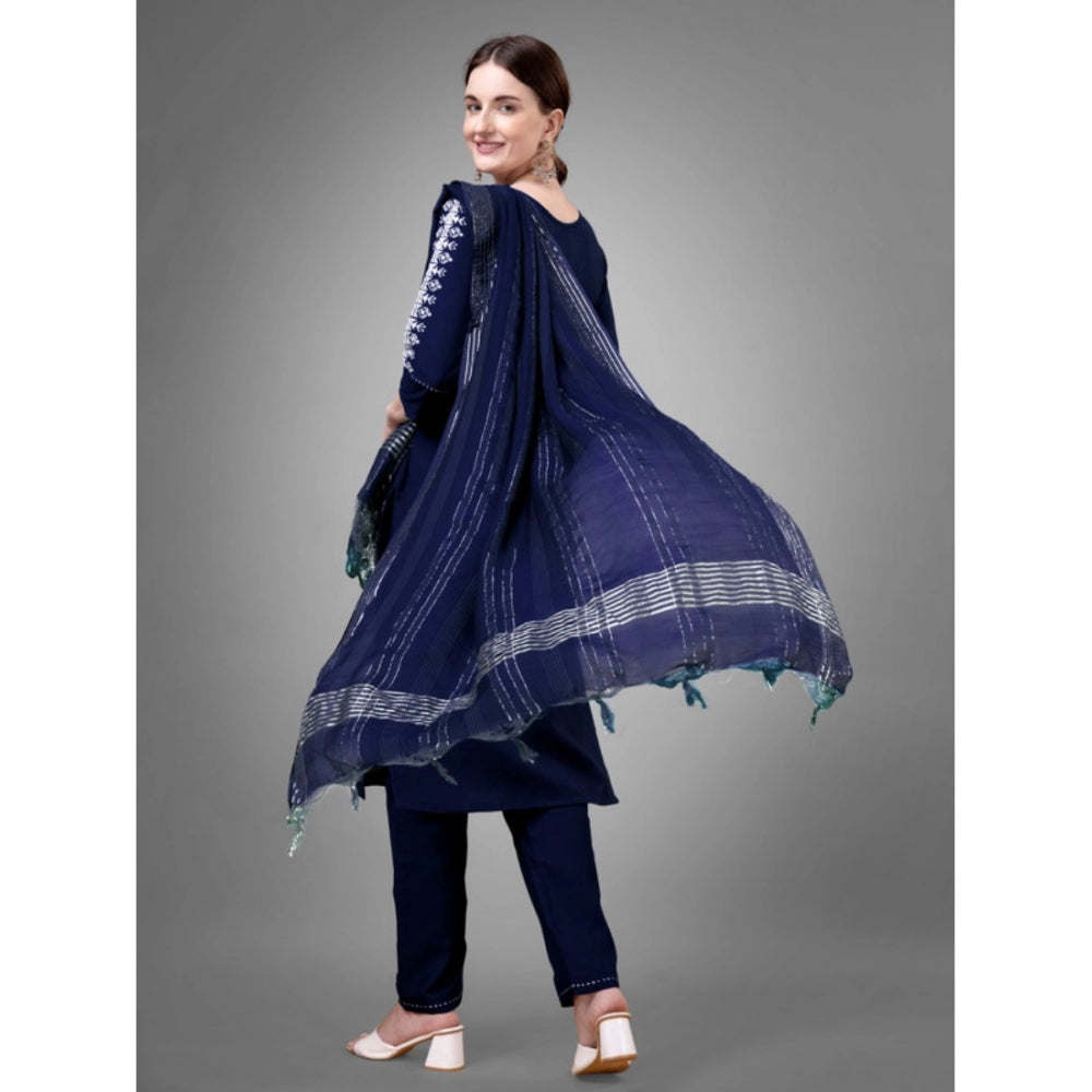 Generic Women's Casual 3-4 th Sleeve Embroidery Cotton Kurti Pant Dupatta Set (Dark Blue)