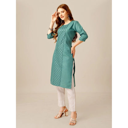 Generic Women's Casual 3-4 th Sleeve Embroidery Cotton Kurti Pant Set (Green)