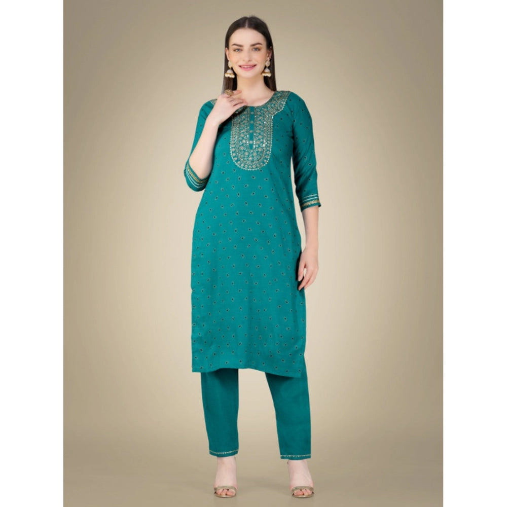 Generic Women's Casual 3-4 th Sleeve Embroidery Cotton Kurti Pant Dupatta Set (Light Green)