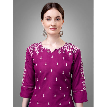 Generic Women's Casual 3-4 th Sleeve Embroidery Cotton Kurti Pant Dupatta Set (Purple)