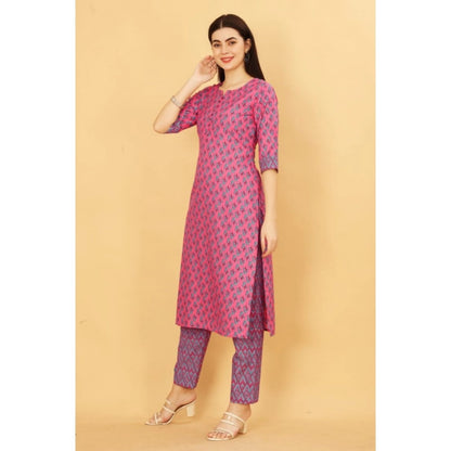 Generic Women's Casual 3-4 th Sleeve Printed Cotton Kurti Pant Set (Pink)