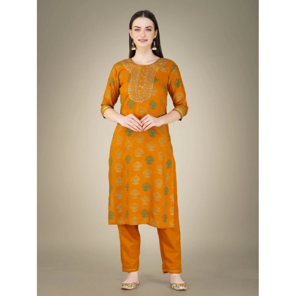 Generic Women's Casual 3-4 th Sleeve Embroidery Cotton Kurti Pant Dupatta Set (Yellow)