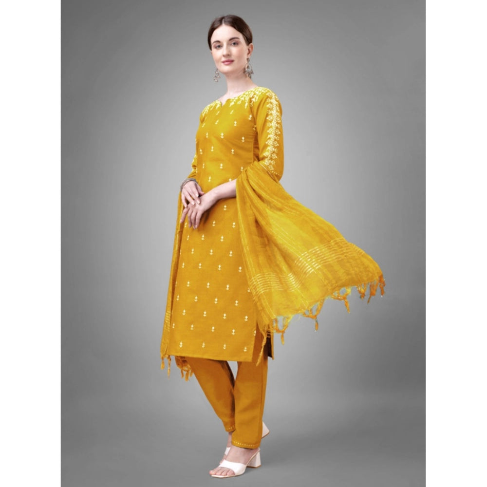 Generic Women's Casual 3-4 th Sleeve Embroidery Cotton Kurti Pant Dupatta Set (Yellow)