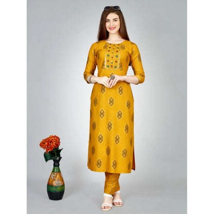 Generic Women's Casual 3-4 th Sleeve Embroidery Rayon Kurti Pant Set (Yellow)