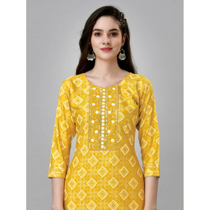 Generic Women's Casual 3-4 th Sleeve Embroidery Rayon Kurti Pant Set (Yellow)