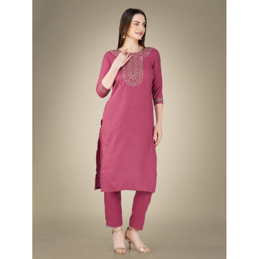 Generic Women's Casual 3-4 th Sleeve Embroidery Cotton Kurti Pant Dupatta Set (Wine)