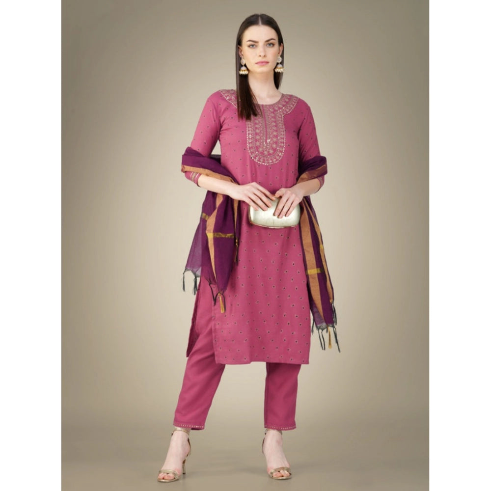 Generic Women's Casual 3-4 th Sleeve Embroidery Cotton Kurti Pant Dupatta Set (Wine)