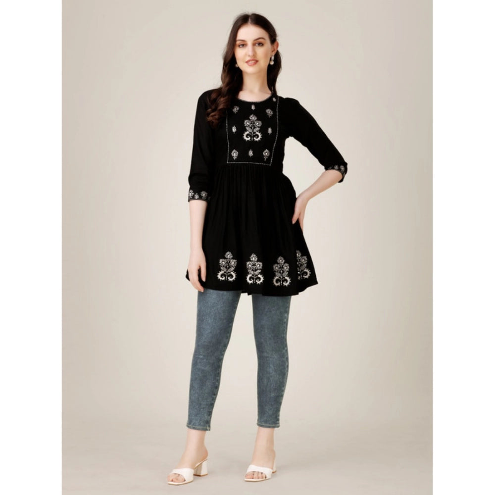 Generic Women's Casual 3-4 th Sleeve Embroidered Rayon Tunic Top (Black)