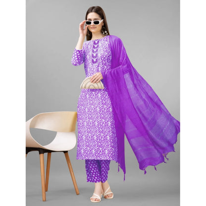 Generic Women's Casual 3-4 th Sleeve Embroidery Rayon Kurti Pant Dupatta Set (Purple)