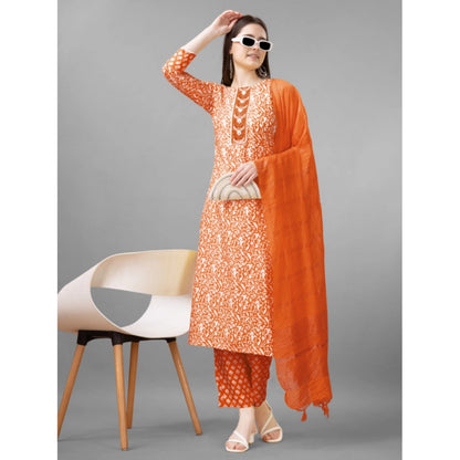 Generic Women's Casual 3-4 th Sleeve Embroidery Rayon Kurti Pant Dupatta Set (Orange)