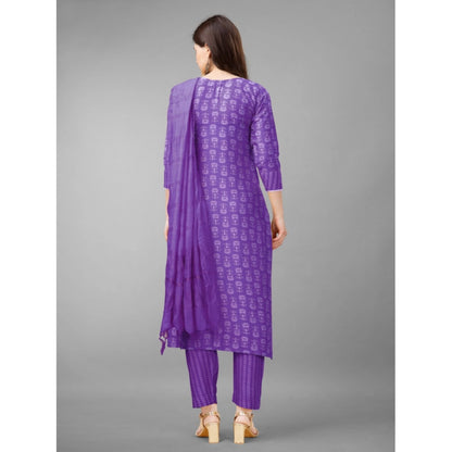 Generic Women's Casual 3-4 th Sleeve Embroidery Rayon Kurti Pant Dupatta Set (Purple)