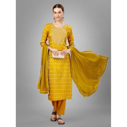 Generic Women's Casual 3-4 th Sleeve Embroidery Silk Blend Kurti Pant Dupatta Set (Golden)