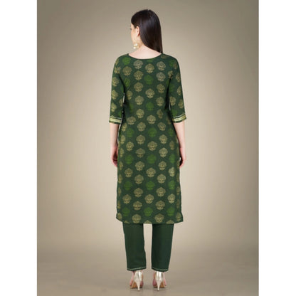 Generic Women's Casual 3-4 th Sleeve Embroidery Cotton Kurti Pant Dupatta Set (Dark Green)