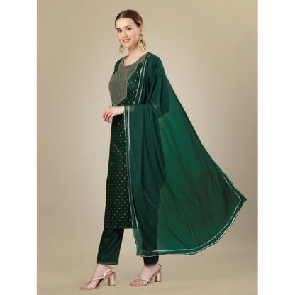 Generic Women's Casual 3-4 th Sleeve Embroidery Silk Blend Kurti Pant Dupatta Set (Dark Green)