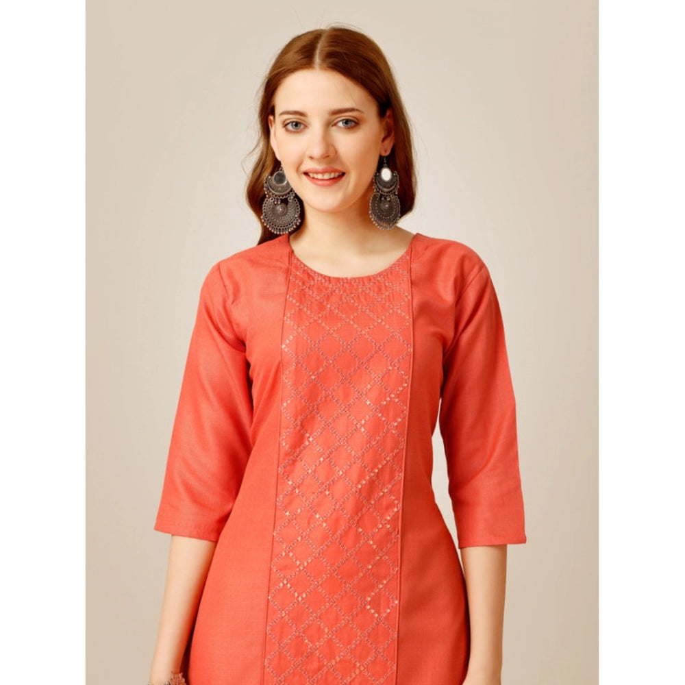 Generic Women's Casual 3-4 th Sleeve Embroidery Cotton Kurti Pant Set (Orange)