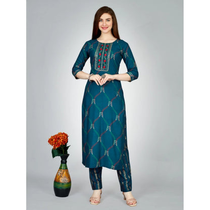 Generic Women's Casual 3-4 th Sleeve Embroidery Rayon Kurti Pant Set (Dark Blue)