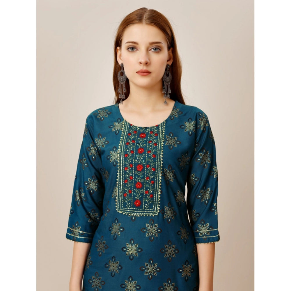 Generic Women's Casual 3-4 th Sleeve Embroidery Rayon Kurti Pant Set (Blue)