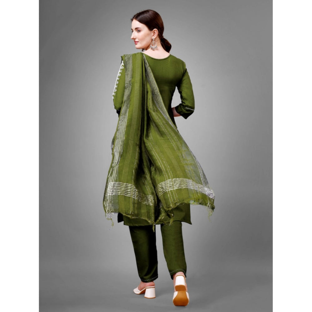 Generic Women's Casual 3-4 th Sleeve Embroidery Cotton Kurti Pant Dupatta Set (Green)