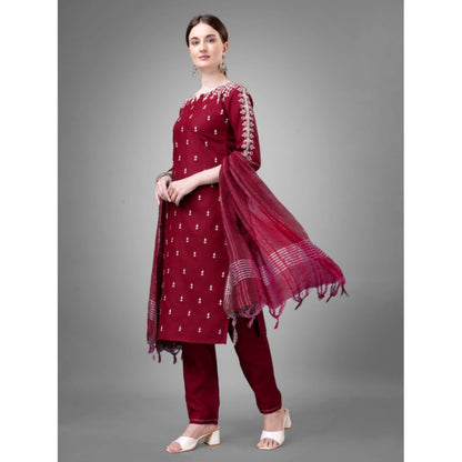 Generic Women's Casual 3-4 th Sleeve Embroidery Cotton Kurti Pant Dupatta Set (Maroon)