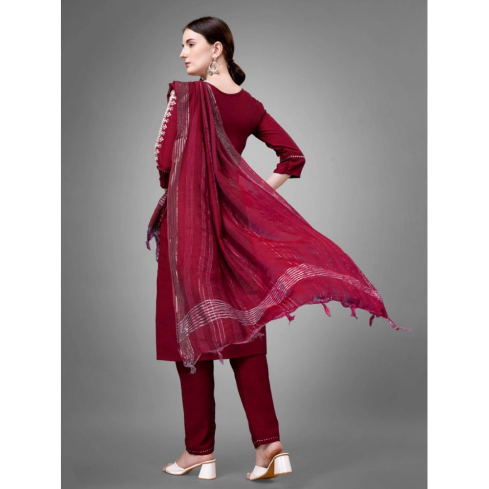 Generic Women's Casual 3-4 th Sleeve Embroidery Cotton Kurti Pant Dupatta Set (Maroon)