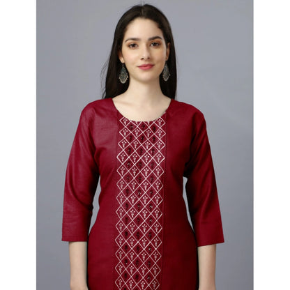 Generic Women's Casual 3-4 th Sleeve Embroidery Cotton Kurti (Maroon)