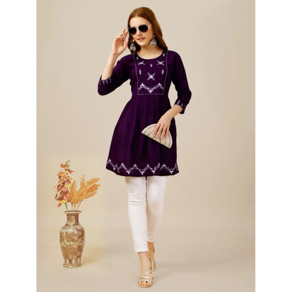 Generic Women's Casual 3-4 th Sleeve Embroidered Rayon Tunic Top (Purple)