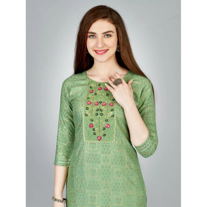 Generic Women's Casual 3-4 th Sleeve Embroidery Rayon Kurti Pant Set (Light Green)