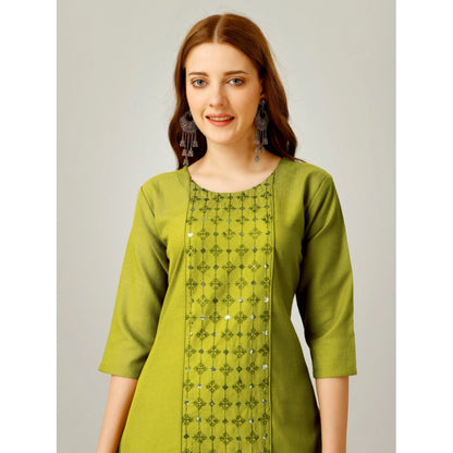 Generic Women's Casual 3-4 th Sleeve Embroidery Cotton Kurti Pant Set (Green)