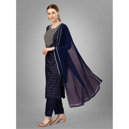 Generic Women's Casual 3-4 th Sleeve Embroidery Silk Blend Kurti Pant Dupatta Set (Navy Blue)