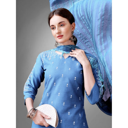 Generic Women's Casual 3-4 th Sleeve Embroidery Cotton Kurti Pant Dupatta Set (Sky Blue)