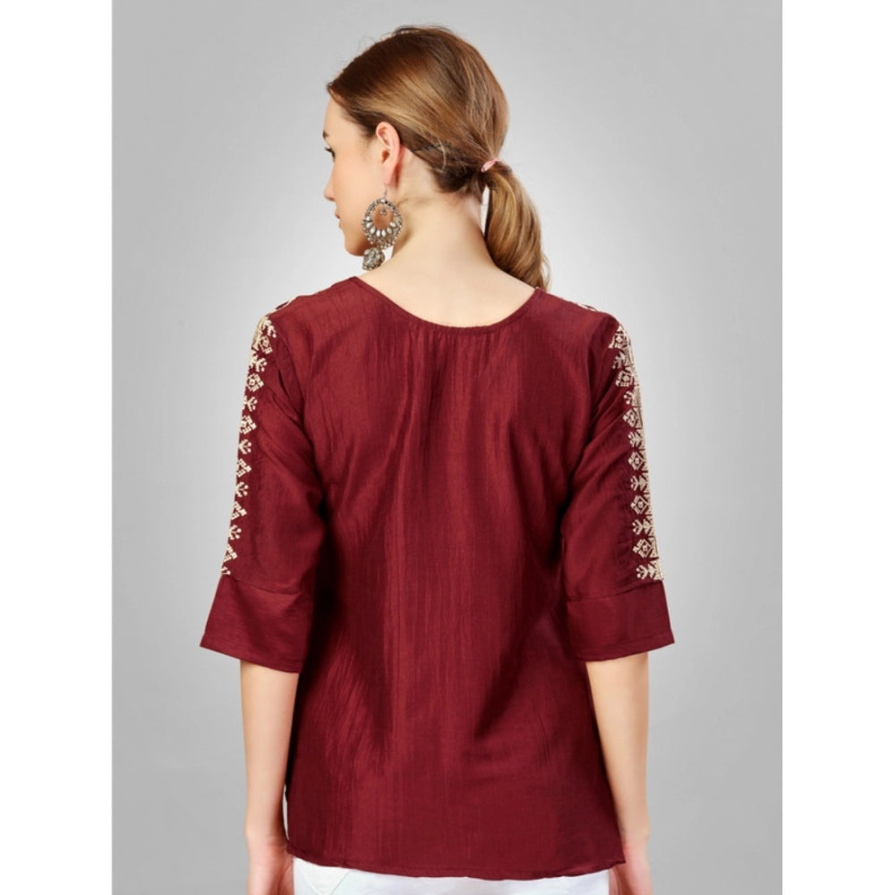 Generic Women's Casual 3-4 th Sleeve Embroidered Silk Tunic Top (Rust)