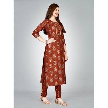 Generic Women's Casual 3-4 th Sleeve Embroidery Rayon Kurti Pant Set (Brown)