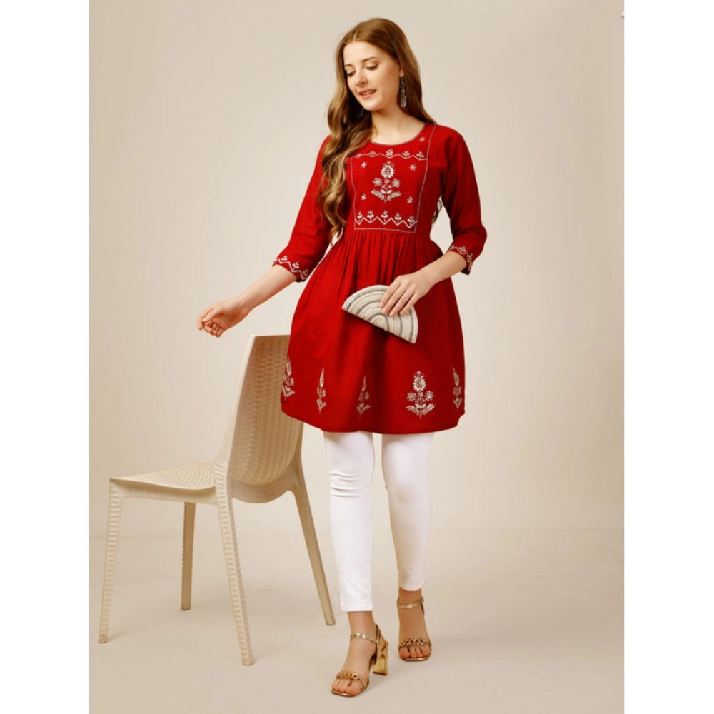 Generic Women's Casual 3-4 th Sleeve Embroidered Rayon Tunic Top (Red)