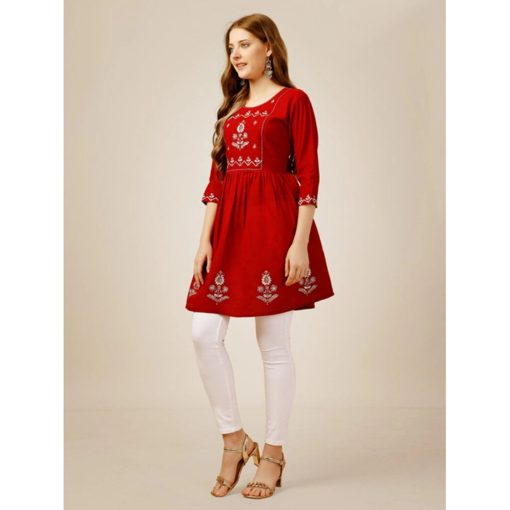 Generic Women's Casual 3-4 th Sleeve Embroidered Rayon Tunic Top (Red)