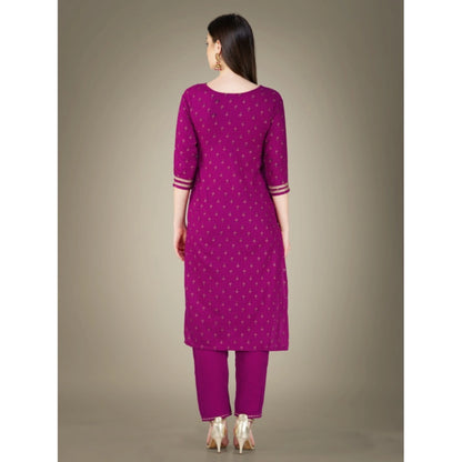 Generic Women's Casual 3-4 th Sleeve Embroidery Cotton Kurti Pant Dupatta Set (Purple)