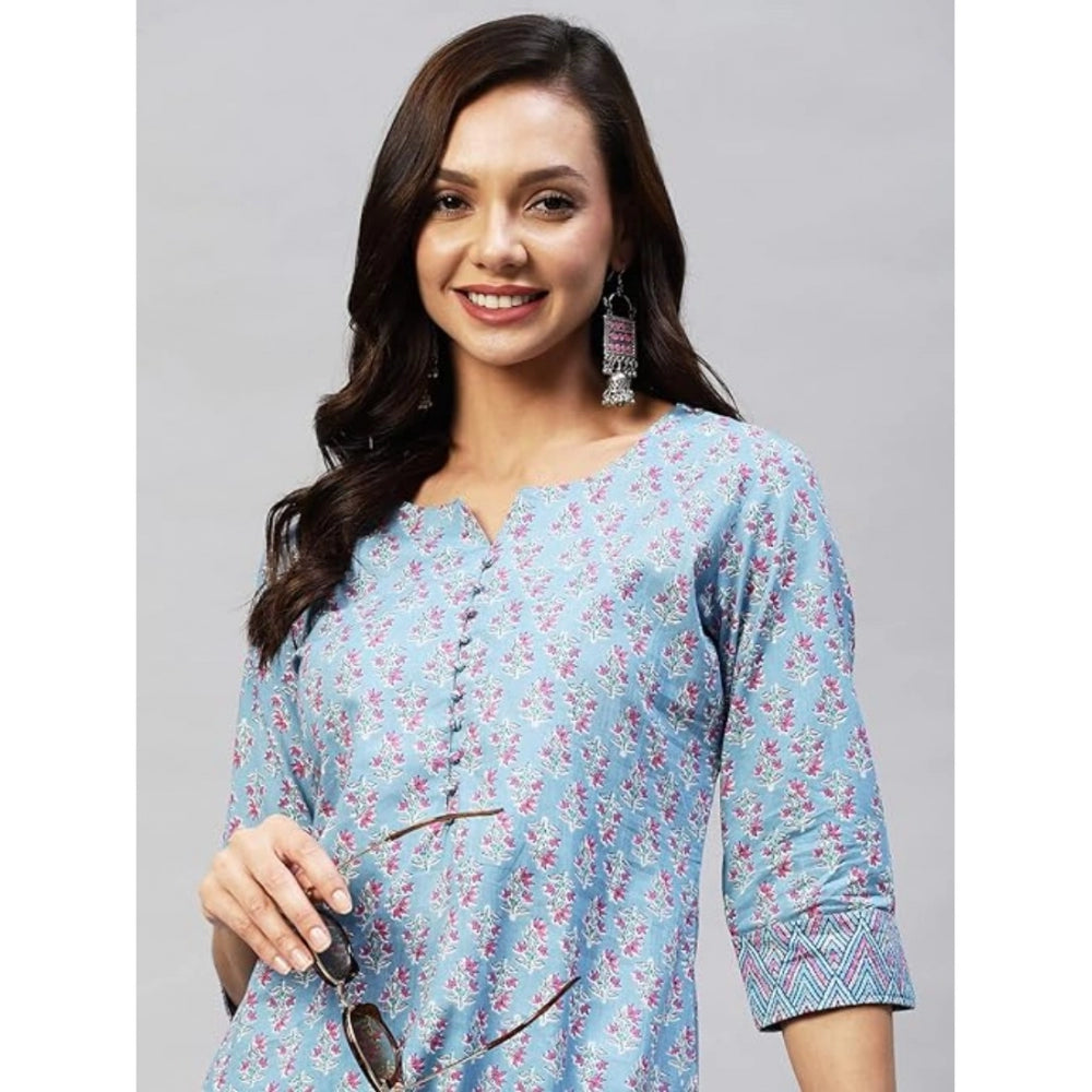 Generic Women's Casual 3-4 th Sleeve Printed Cotton Kurti Pant Set (Pastel Blue)